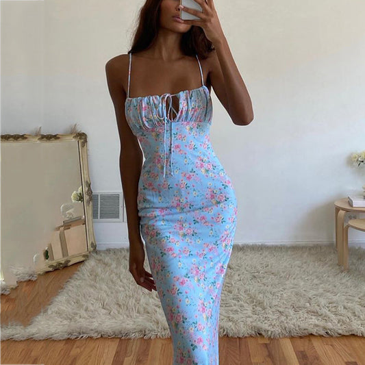 Floral Ruffle Back Halter Maxi Bodycon Mermaid Dress
