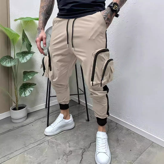 Casual Zipper Multi-Pocket Color Matching Tapered Cargo Pants