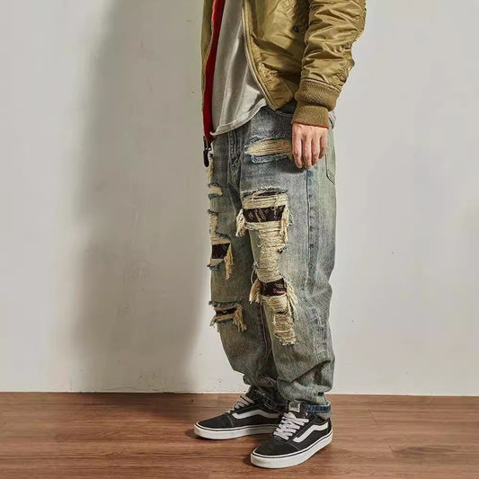 Loose Straight Tapered Distressed Broken Holes Jeans
