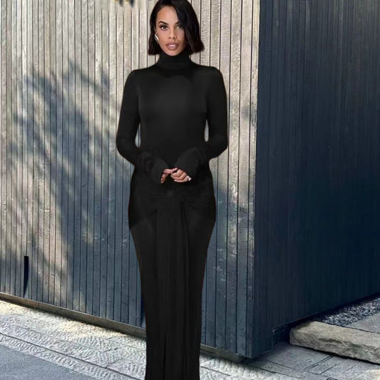 High Collar Solid Color European High-end Lace-up Dress