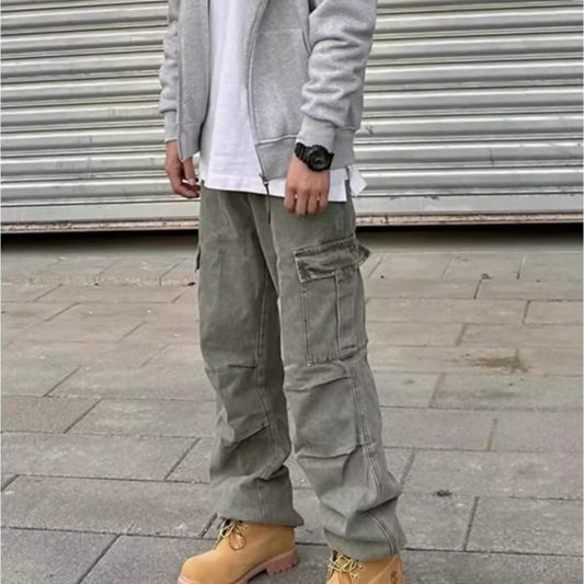 Loose Straight Heavy Stone Washed Denim Cargos Joggers